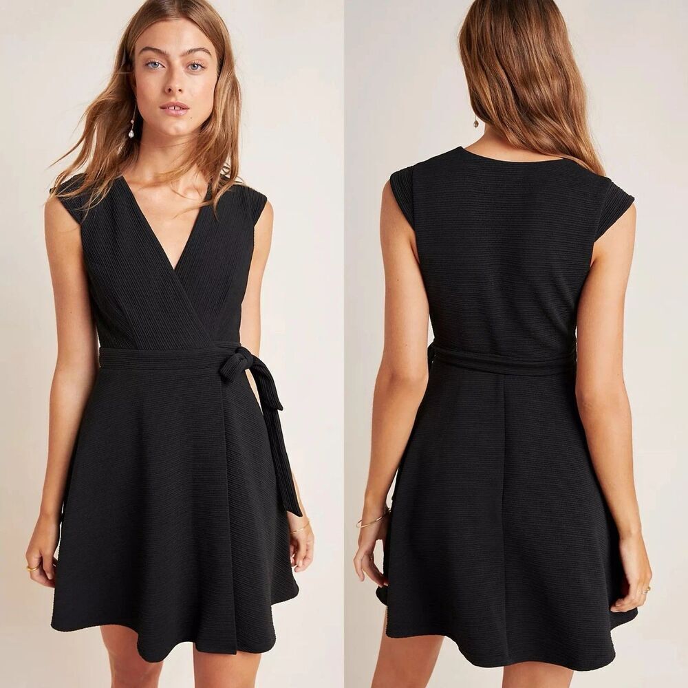 Hutch Ronnie Dress Womens Petite Medium Black Textured Wrap Belted Cap Sleeve